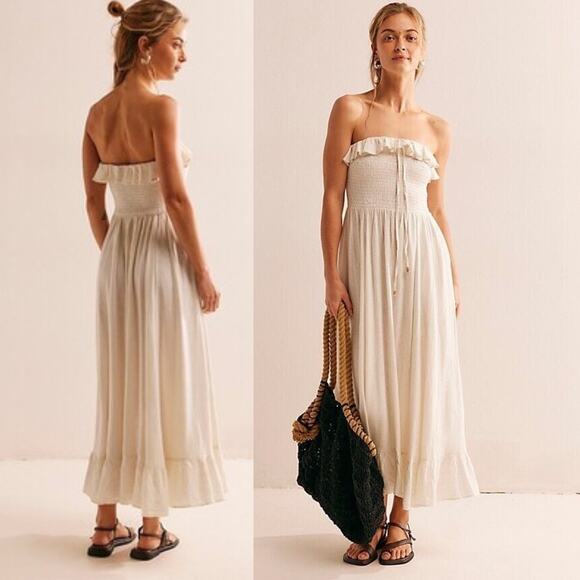 NEW Free People Lush Life Linen Strapless Midi Dress Small Off White Cottagecore - Picture 1 of 9